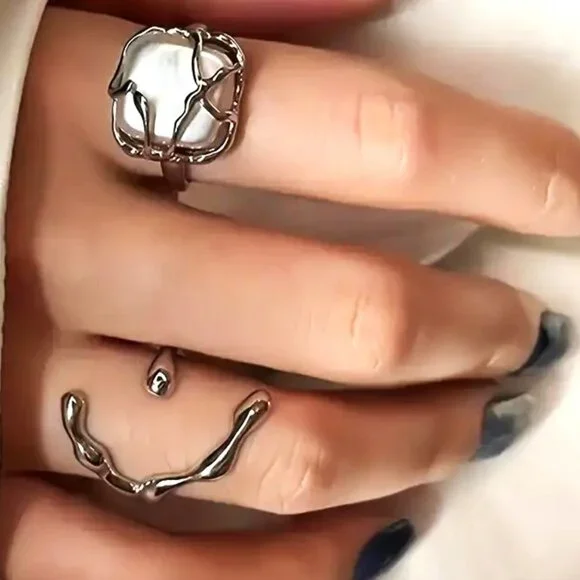 2pc Ring Set Pearl SIlver Adjustable Modern Boho Glam Style Fab Unique Hollywood - Picture 2 of 4
